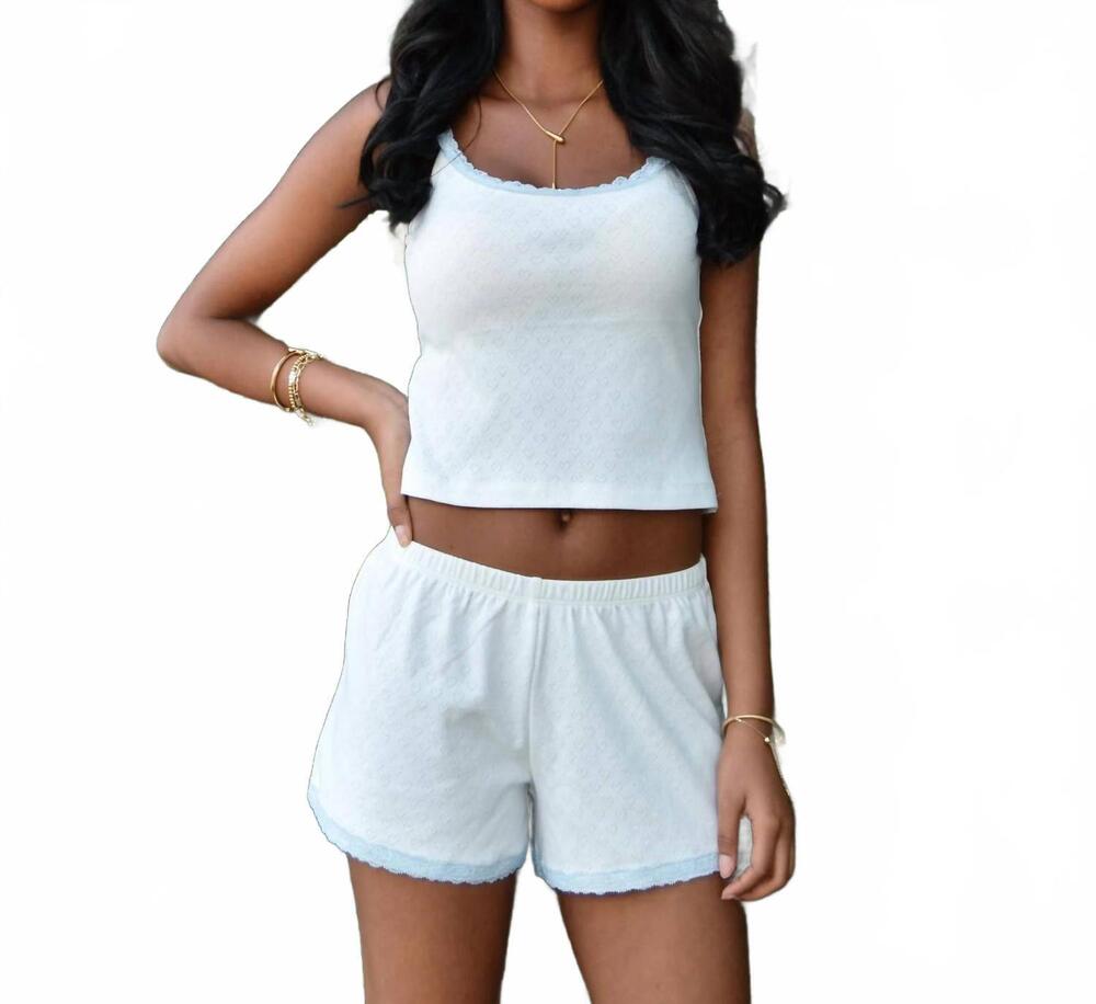NEW THEME girls lizzie lace heart pointelle tank top in white/blue